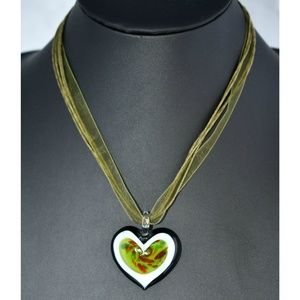 Dichroic Heart Necklace On Ribbon Cord